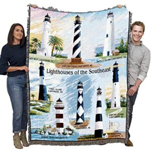 Lighthouses of the Southeast Blanket - Key West Cape Hatteras Sapelo Tybee Harbor Lookout Canaveral Hunting Island - Coastal Ocean Gift Tapestry Throw Woven from Cotton - Made in the USA (72x54)