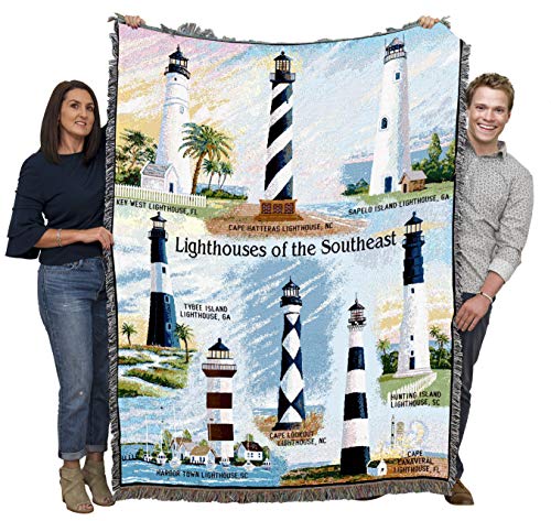 Lighthouses of the Southeast Blanket - Key West Cape Hatteras Sapelo Tybee Harbor Lookout Canaveral Hunting Island - Coastal Ocean Gift Tapestry Throw Woven from Cotton - Made in the USA (72x54)