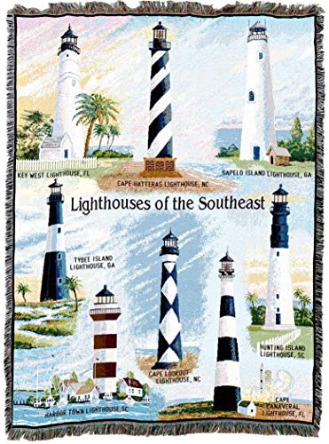 Lighthouses of the Southeast Blanket - Key West Cape Hatteras Sapelo Tybee Harbor Lookout Canaveral Hunting Island - Coastal Ocean Gift Tapestry Throw Woven from Cotton - Made in the USA (72x54)