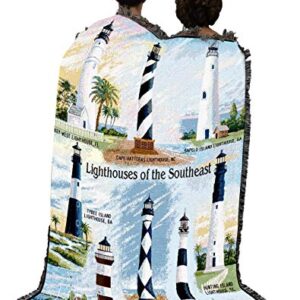 Lighthouses of the Southeast Blanket - Key West Cape Hatteras Sapelo Tybee Harbor Lookout Canaveral Hunting Island - Coastal Ocean Gift Tapestry Throw Woven from Cotton - Made in the USA (72x54)