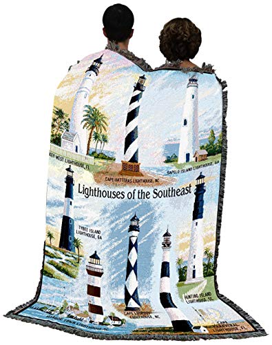 Lighthouses of the Southeast Blanket - Key West Cape Hatteras Sapelo Tybee Harbor Lookout Canaveral Hunting Island - Coastal Ocean Gift Tapestry Throw Woven from Cotton - Made in the USA (72x54)