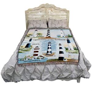 Lighthouses of the Southeast Blanket - Key West Cape Hatteras Sapelo Tybee Harbor Lookout Canaveral Hunting Island - Coastal Ocean Gift Tapestry Throw Woven from Cotton - Made in the USA (72x54)