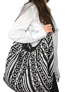 Tribe Azure Jacquard Cotton Shoulder Banana Style Fashion Travel Canvas Tote Bag Hobo Style Casual Market Purse Handbag (Black White)