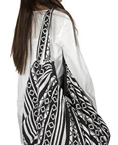 Tribe Azure Jacquard Cotton Shoulder Banana Style Fashion Travel Canvas Tote Bag Hobo Style Casual Market Purse Handbag (Black White)