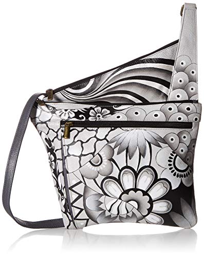 Anna by Anuschka womens Medium Anna Anuschka Handpainted Women s Genuine Leather Asymmetric Slim Crossbody Bag with Zippered Poc, Patchwork Pewter, One Size US