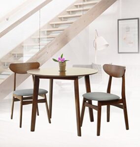 set of 3 dining kitchen round table and 2 yumiko side chairs solid wood w/padded seat medium brown