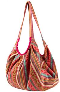 tribe azure jacquard cotton shoulder banana style fashion travel canvas tote bag hobo style casual market purse handbag (pink)