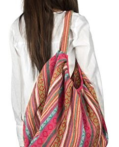 Tribe Azure Jacquard Cotton Shoulder Banana Style Fashion Travel Canvas Tote Bag Hobo Style Casual Market Purse Handbag (Pink)