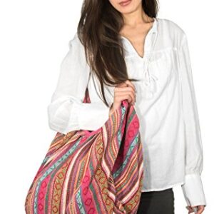 Tribe Azure Jacquard Cotton Shoulder Banana Style Fashion Travel Canvas Tote Bag Hobo Style Casual Market Purse Handbag (Pink)
