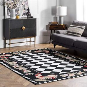 nuloom farmhouse rooster area rug, 3′ 6″ x 5′ 6″, black