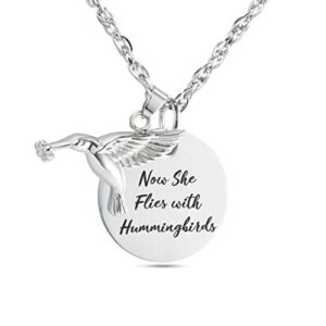 now she flies with hummingbirds urn necklace cremation jewelry stainless steel memorial pendant for ashes