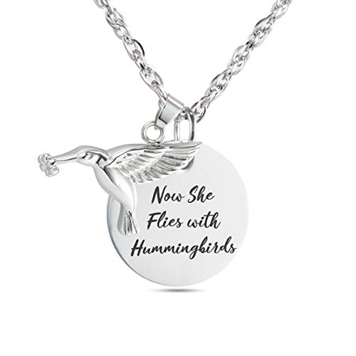 Now She Flies with Hummingbirds Urn Necklace Cremation Jewelry Stainless Steel Memorial Pendant for Ashes