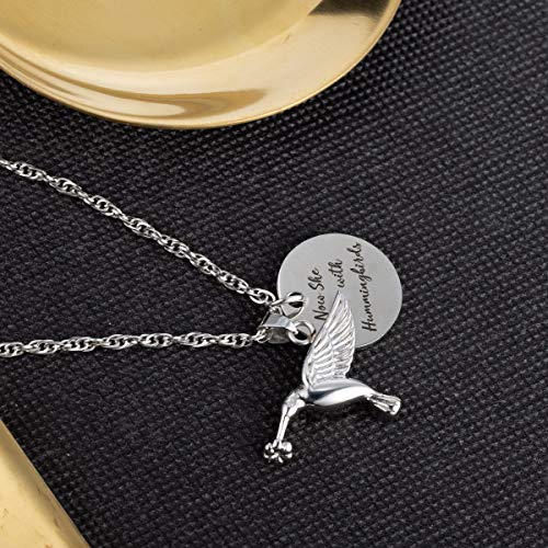 Now She Flies with Hummingbirds Urn Necklace Cremation Jewelry Stainless Steel Memorial Pendant for Ashes