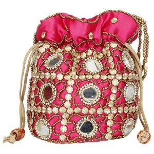 traditional satin potli bag with round mirror for women & girls – pink