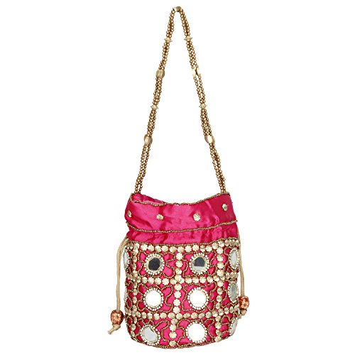 Traditional Satin Potli Bag with Round Mirror for Women & Girls - PINK