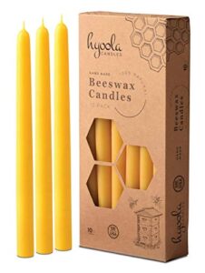 hyoola 10 inch beeswax taper candles – 12 pack – handmade, all natural, 100% pure unscented bee wax candle – tall, decorative, golden yellow – 10 hour burn time