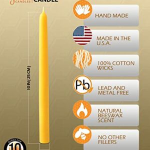 Hyoola 10 Inch Beeswax Taper Candles - 12 Pack - Handmade, All Natural, 100% Pure Unscented Bee Wax Candle - Tall, Decorative, Golden Yellow - 10 Hour Burn Time