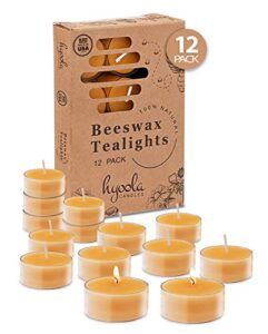 pure beeswax tea lights – 12 pack – handmade decorative unscented – tealight candles – 4 hour burn time, clear cup