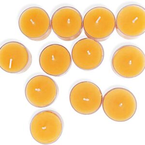 Pure Beeswax Tea Lights - 12 Pack - Handmade Decorative Unscented - Tealight Candles - 4 Hour Burn Time, Clear Cup