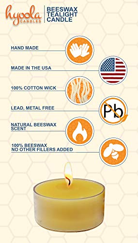 Pure Beeswax Tea Lights - 12 Pack - Handmade Decorative Unscented - Tealight Candles - 4 Hour Burn Time, Clear Cup