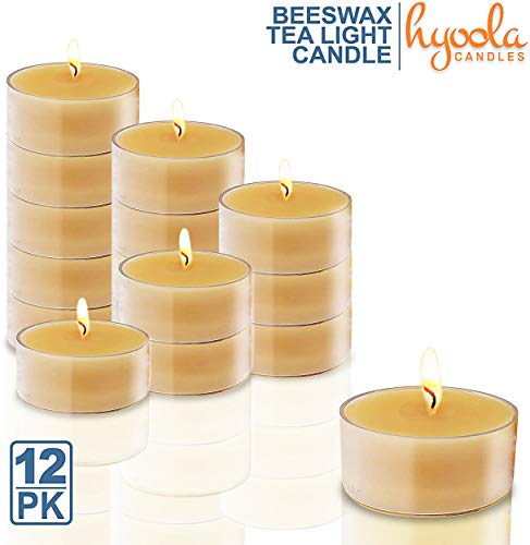 Pure Beeswax Tea Lights - 12 Pack - Handmade Decorative Unscented - Tealight Candles - 4 Hour Burn Time, Clear Cup