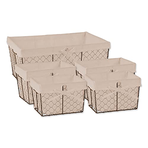 DII Farmhouse Chicken Wire Storage Baskets with Liner, Set of 5, Rustic Natural, Assorted Sizes