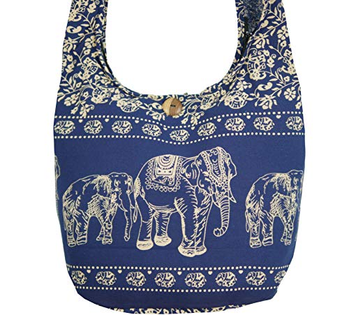 PumPumpz Hippie Boho Elephant Crossbody Bohemian Gypsy Sling Shoulder Bag Medium Size (Twins Elephant Navy)