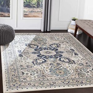 canonsburg traditional persian living room bedroom area rug – bohemian oriental medallion carpet – blue, grey, beige, brown – 7’10” x 10’2″