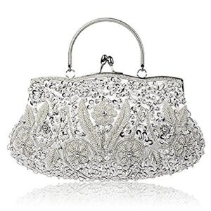 tmore beaded sequin design flower evening purse large clutch bag (silver)