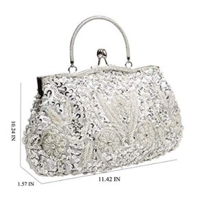 Tmore Beaded Sequin Design Flower Evening Purse Large Clutch Bag (Silver)