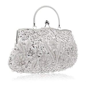 Tmore Beaded Sequin Design Flower Evening Purse Large Clutch Bag (Silver)