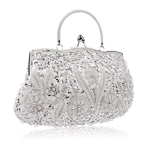 Tmore Beaded Sequin Design Flower Evening Purse Large Clutch Bag (Silver)