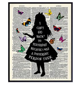 alice wonderland quote dictionary art print – upcycled home decor, wall art poster – unique room decorations for bedroom, office, girls or kids room – great gift – 8×10 photo unframed