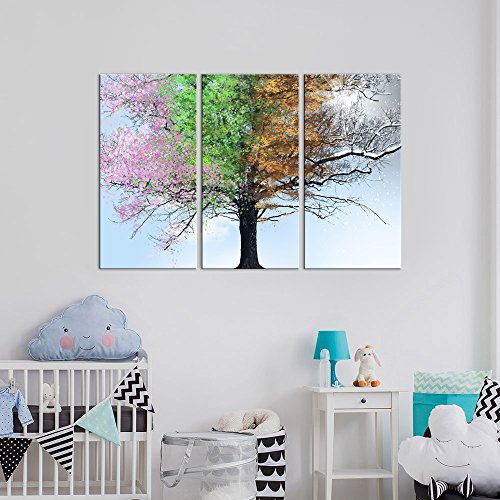 sechars 3 Panel Wall Art Four Seasons Tree in Sunshine Painting Canvas Print Large Colorful Tree Picture Artwork Giclee Print for Modern Home Living Room Decor Framed Ready to Hang