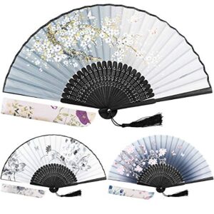 eaone 3 pcs hand folding fan, abanicos de mano chinese vintage style handheld fan with fabric sleeve, silk fan with bamboo frame and elegant tassel for party wedding dancing decoration