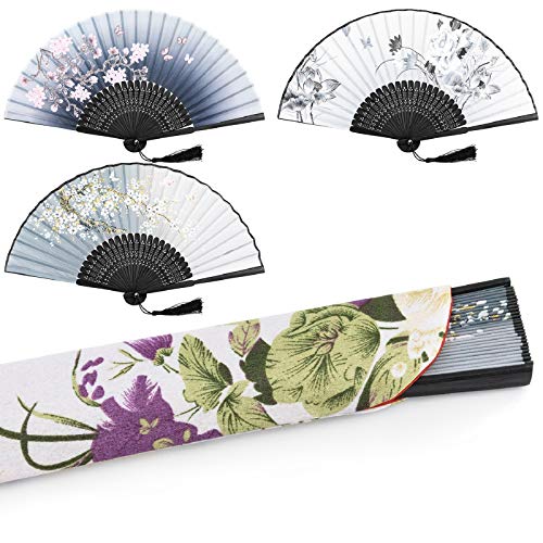 EAONE 3 Pcs Hand Folding Fan, Abanicos de Mano Chinese Vintage Style Handheld Fan with Fabric Sleeve, Silk Fan with Bamboo Frame and Elegant Tassel for Party Wedding Dancing Decoration