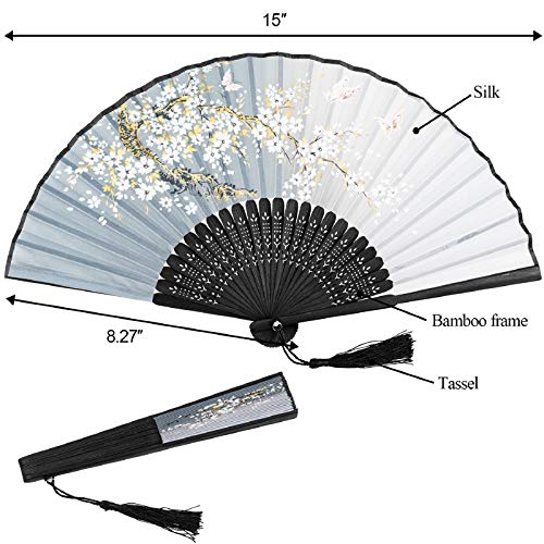 EAONE 3 Pcs Hand Folding Fan, Abanicos de Mano Chinese Vintage Style Handheld Fan with Fabric Sleeve, Silk Fan with Bamboo Frame and Elegant Tassel for Party Wedding Dancing Decoration