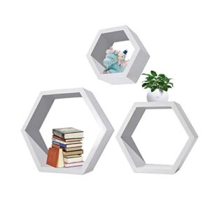 nicechoose hexagonal shelves, 3pcs wall mounted shelf floating shelves wood storage rack display for home bedroom kids room decor – white
