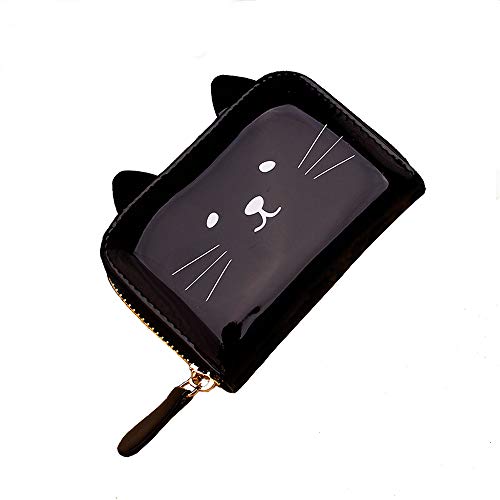 JIUFENG Women's RFID Blocking Wallet Cute Cat Printed Zipper Coin Purses Multi Purpose Card Holder Fashion Small Wallet (Black)