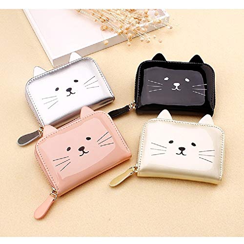 JIUFENG Women's RFID Blocking Wallet Cute Cat Printed Zipper Coin Purses Multi Purpose Card Holder Fashion Small Wallet (Black)