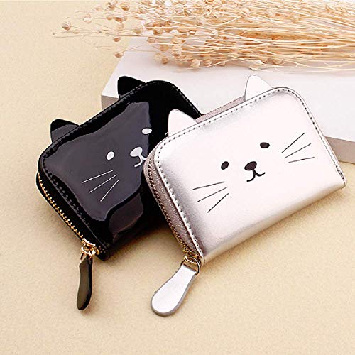 JIUFENG Women's RFID Blocking Wallet Cute Cat Printed Zipper Coin Purses Multi Purpose Card Holder Fashion Small Wallet (Black)