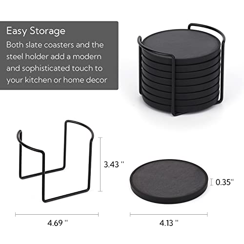 KITCHENDAO Non-Scratch Slate Stone Drink Coasters with Holder, Detachable Soft Ring, Condensation Prevent, 4 Inch Black Handmade Coaster Set for Any Bar Home Décor, Gift for Men and Women, 8 Pack