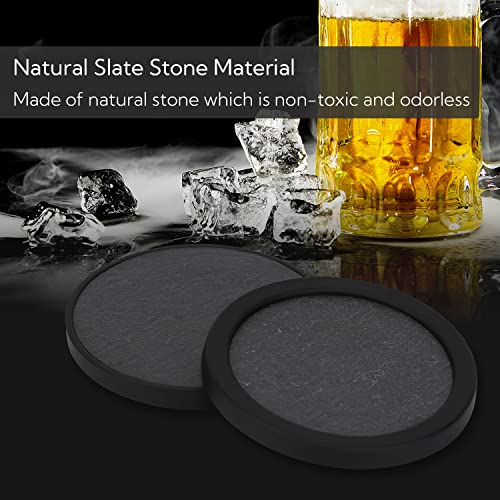 KITCHENDAO Non-Scratch Slate Stone Drink Coasters with Holder, Detachable Soft Ring, Condensation Prevent, 4 Inch Black Handmade Coaster Set for Any Bar Home Décor, Gift for Men and Women, 8 Pack