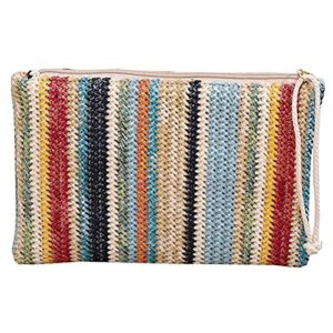 donalworld women clutch bag summer straw stripe crochet handbag zip purse blue