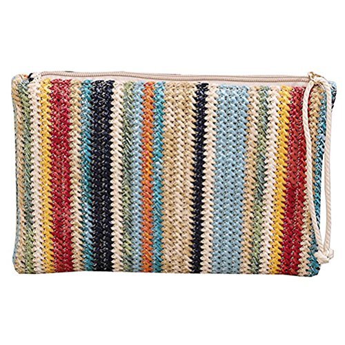 Donalworld Women Clutch Bag Summer Straw Stripe Crochet Handbag Zip Purse Blue