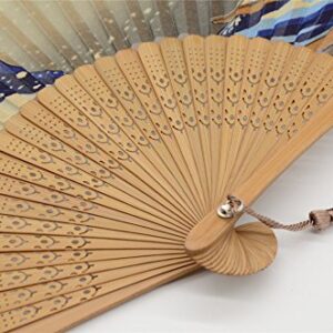 OMyTea® Landscape 8.27"(21cm) Folding Hand Held Fan - with a Fabric Sleeve for Protection for Gifts - Japanese Vintage Retro Style (Kanagawa Sea Waves)