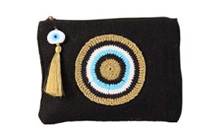 karensline handmade evil eye jute small clutch/pouch bag black-gold beach bag zipper gift bag with tassel