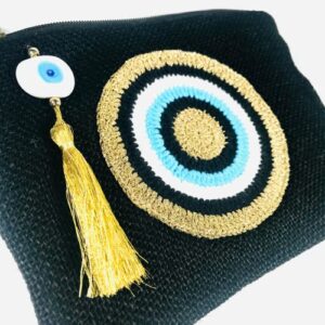 KarensLine Handmade Evil Eye Jute Small Clutch/Pouch Bag Black-Gold Beach Bag Zipper Gift Bag with Tassel