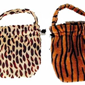 4 ASSORTED STYLES Plush Animal Skin Print Draw String Purse - Leopard / Tiger