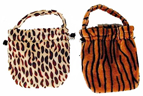 4 ASSORTED STYLES Plush Animal Skin Print Draw String Purse - Leopard / Tiger